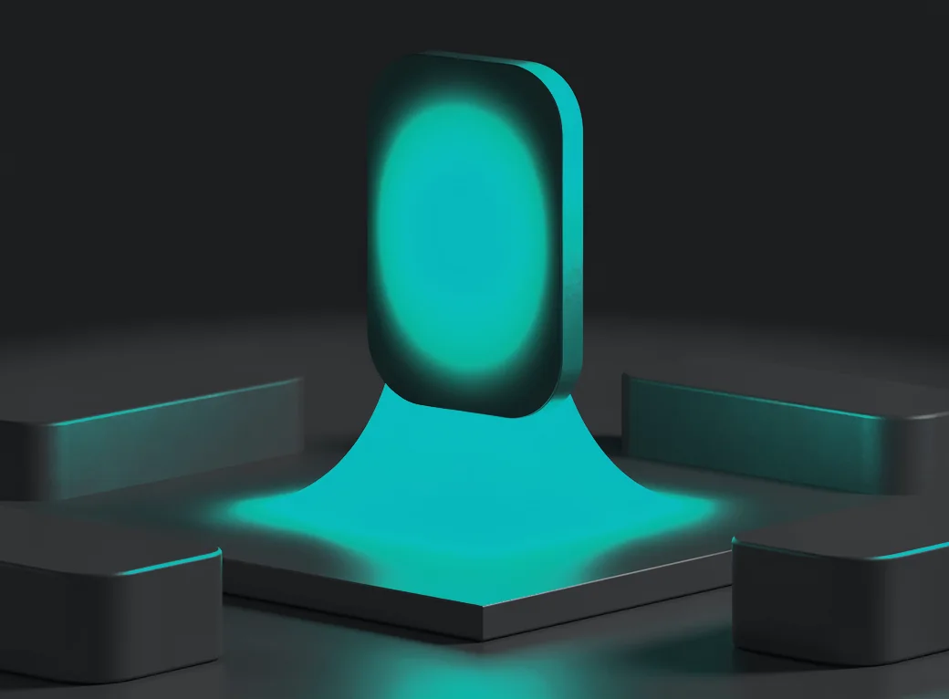 Eine leuchtende Tafel hebt sich auf einem Lichtstrahl von einer Plattform